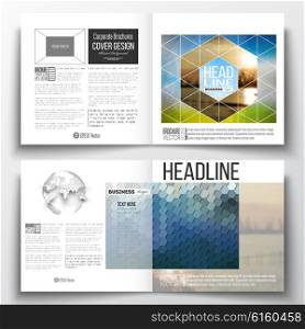 Vector set of square design brochure template. Abstract colorful polygonal background with blurred image on it, modern stylish triangular and hexagonal vector texture.