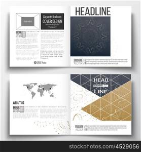 Vector set of square design brochure template. Abstract polygonal low poly backdrop with connecting dots and lines, golden background, connection structure. Digital or science vector