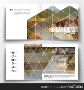 Vector set of square design brochure template. Colorful polygonal backdrop, blurred background, nature landscape, modern stylish triangle vector texture.