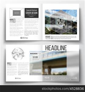 Vector set of square design brochure template. Colorful polygonal background, blurred image, urban scene, modern stylish triangular vector texture.