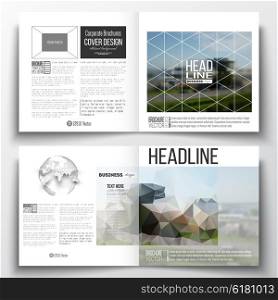 Vector set of square design brochure template. Colorful polygonal background, blurred image, airport landscape, modern stylish triangular vector texture.