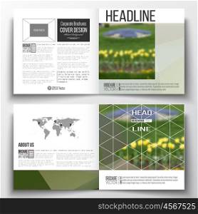 Vector set of square design brochure template. Colorful polygonal floral background, blurred image, yellow flowers on green, modern triangular texture.