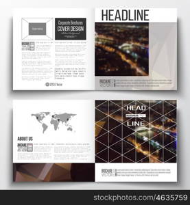 Vector set of square design brochure template. Dark polygonal background, blurred image, night city landscape, Paris cityscape, modern triangular vector texture.