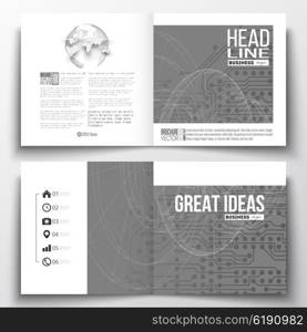 Vector set of square design brochure template. Microchip background, electrical circuits, construction with connected lines, scientific or digital design pattern, science design vector