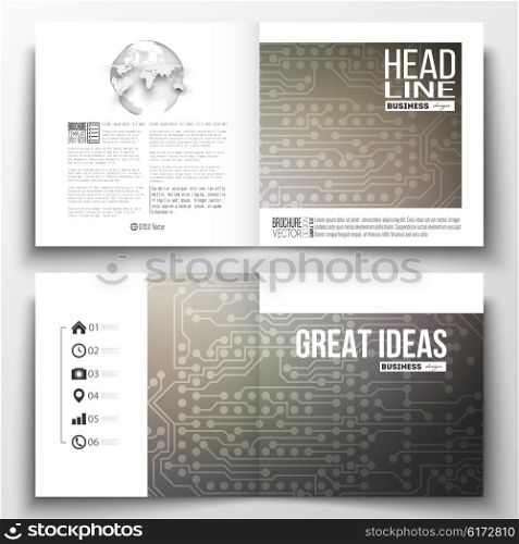 Vector set of square design brochure template. Microchip background, electrical circuits, science design vector template.