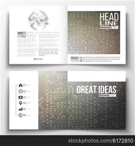 Vector set of square design brochure template. Microchip background, electrical circuits, science design vector template.