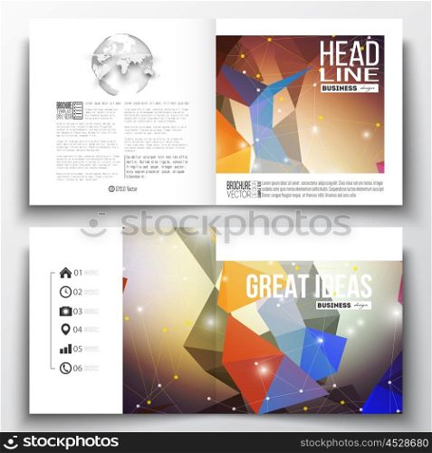 Vector set of square design brochure template. Molecular construction with connected lines and dots, scientific pattern on abstract colorful polygonal background, modern stylish triangle vector texture.