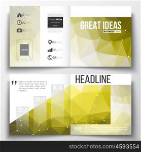 Vector set of square design brochure template. Molecular construction with connected lines and dots, scientific pattern on abstract yellow polygonal background, modern stylish triangle vector texture.