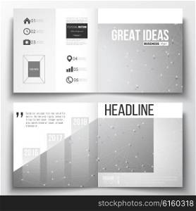Vector set of square design brochure template. Molecular construction with connected lines and dots, scientific or digital design pattern on gray background.