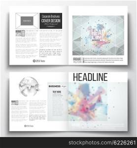 Vector set of square design brochure template. Molecular construction with connected lines and dots, scientific pattern on colorful polygonal background, modern stylish triangle vector texture