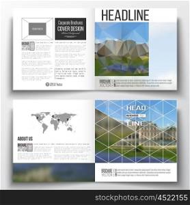 Vector set of square design brochure template. Polygonal background, blurred image, park landscape, modern stylish vector texture.