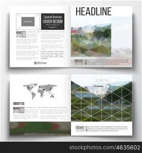 Vector set of square design brochure template. Polygonal background, blurred image, park landscape, modern stylish vector texture.