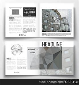 Vector set of square design brochure template. Polygonal background, blurred image, urban landscape, modern stylish triangular vector texture.