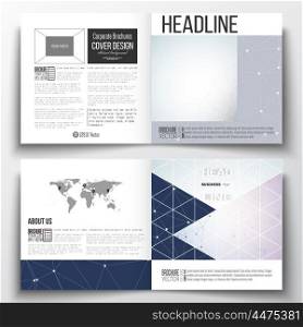 Vector set of square design brochure template. Polygonal low poly backdrop with connecting dots and lines, connection structure, blue background. Digital or science vector