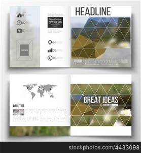 Vector set of square design brochure template. Summer landscape. Colorful polygonal backdrop, blurred background, modern stylish triangle vector texture.