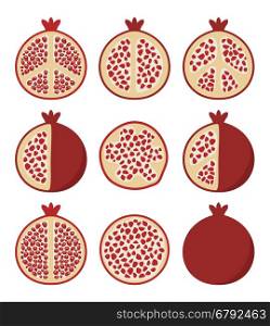 vector set of stylized pomegranate cuts, vegetarian diet icons