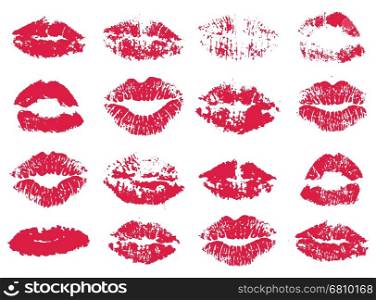 vector set of stylized red woman lipstick kiss prints isolated on white background