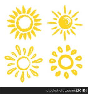 Vector set of sun. Four painted solar symbols.