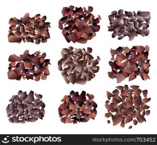 vector set of sweet dark chocolate bar crumb piles on white background