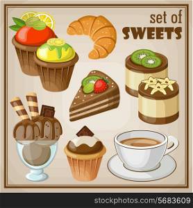 Vector set of sweets and cakes, ice cream and cupcakes.