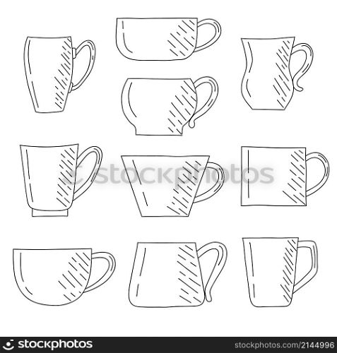Vector set of tea cups. Contoured cups for morning tea drinking. Design elements highlighted on a white background.