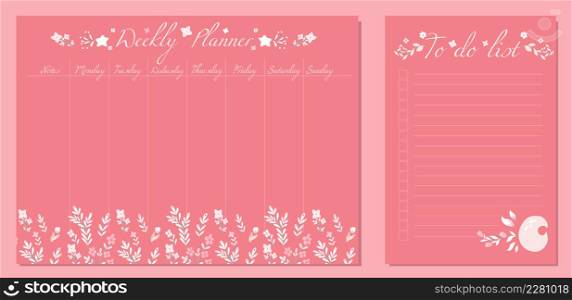 Vector set of tender child day organization templates with floral decorations. Weekly planner and to do list with flower and star. Gentle setting tasks for the day and for the week. Vector set of tender child day organization templates with floral decorations. Weekly planner and to do list with flower and star.