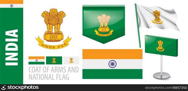 Vector set of the coat of arms and national flag of India.. Vector set of the coat of arms and national flag of India