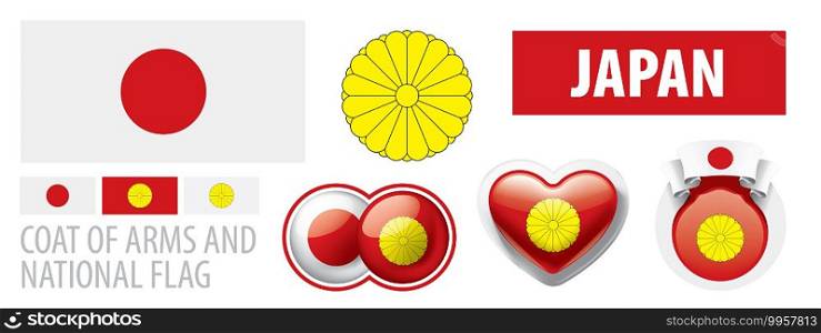 Vector set of the coat of arms and national flag of Japan.. Vector set of the coat of arms and national flag of Japan