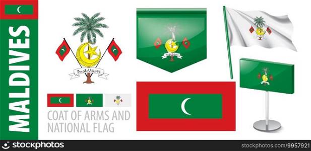 Vector set of the coat of arms and national flag of Maldives.. Vector set of the coat of arms and national flag of Maldives