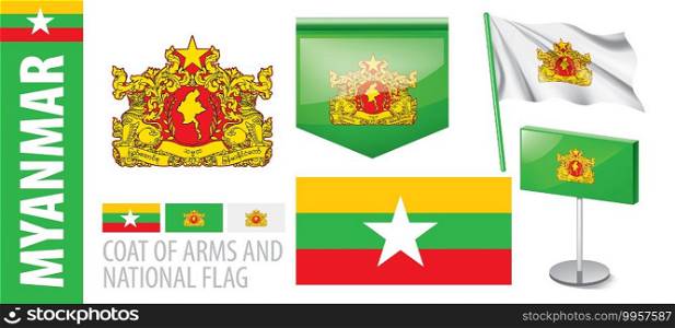 Vector set of the coat of arms and national flag of Myanmar.. Vector set of the coat of arms and national flag of Myanmar