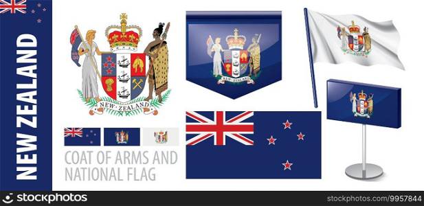 Vector set of the coat of arms and national flag of New Zealand.. Vector set of the coat of arms and national flag of New Zealand