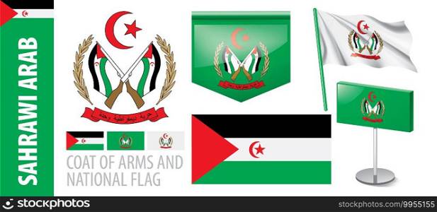 Vector set of the coat of arms and national flag of Sahrawi.. Vector set of the coat of arms and national flag of Sahrawi
