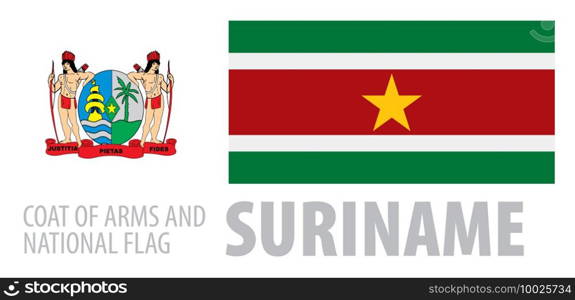 Vector set of the coat of arms and national flag of Suriname.. Vector set of the coat of arms and national flag of Suriname