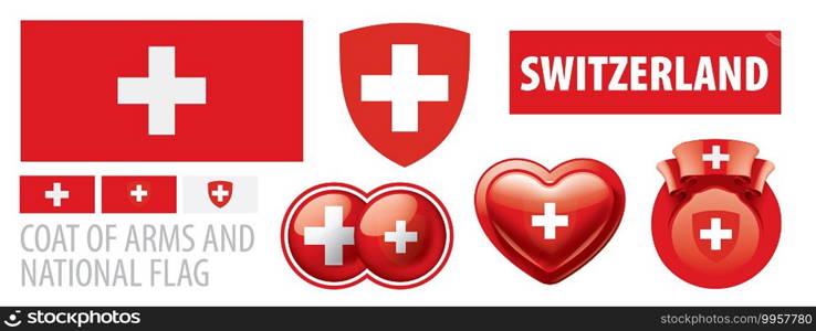 Vector set of the coat of arms and national flag of Switzerland.. Vector set of the coat of arms and national flag of Switzerland