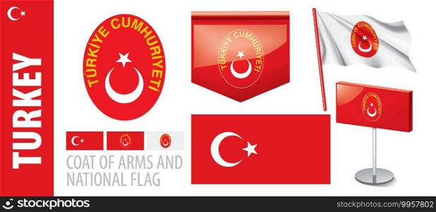 Vector set of the coat of arms and national flag of Turkey.. Vector set of the coat of arms and national flag of Turkey