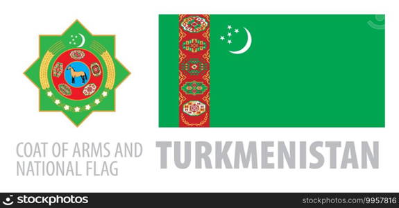 Vector set of the coat of arms and national flag of Turkmenistan.. Vector set of the coat of arms and national flag of Turkmenistan