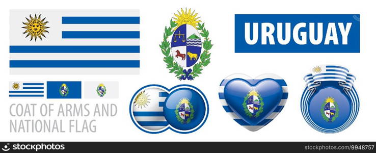 Vector set of the coat of arms and national flag of Uruguay.. Vector set of the coat of arms and national flag of Uruguay