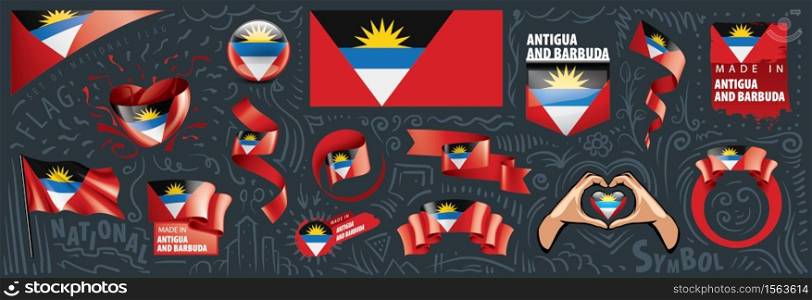 Vector set of the national flag of Antigua and Barbuda in various creative designs.. Vector set of the national flag of Antigua and Barbuda