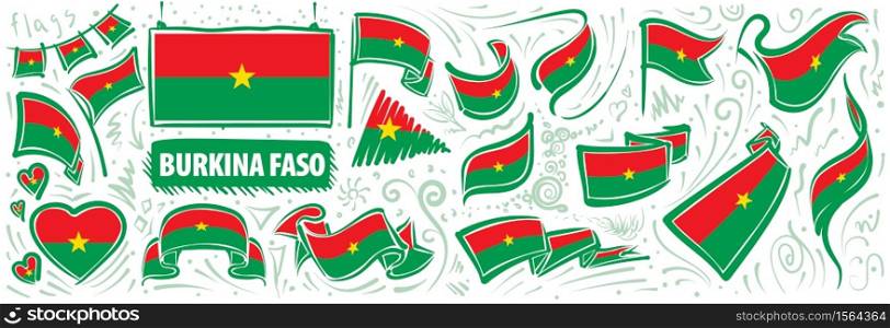 Vector set of the national flag of Burkina Faso in various creative designs.. Vector set of the national flag of Burkina Faso in various creative designs