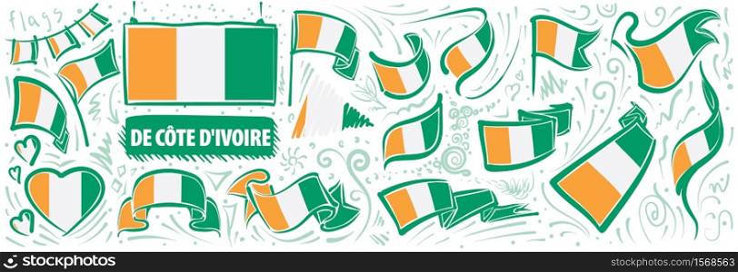 Vector set of the national flag of Cote dIvoire in various creative designs.. Vector set of the national flag of Cote dIvoire in various creative designs