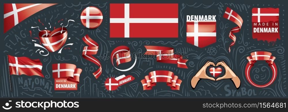 Vector set of the national flag of Denmark in various creative designs.. Vector set of the national flag of Denmark in various creative designs