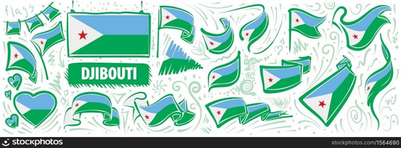 Vector set of the national flag of Djibouti in various creative designs.. Vector set of the national flag of Djibouti in various creative designs