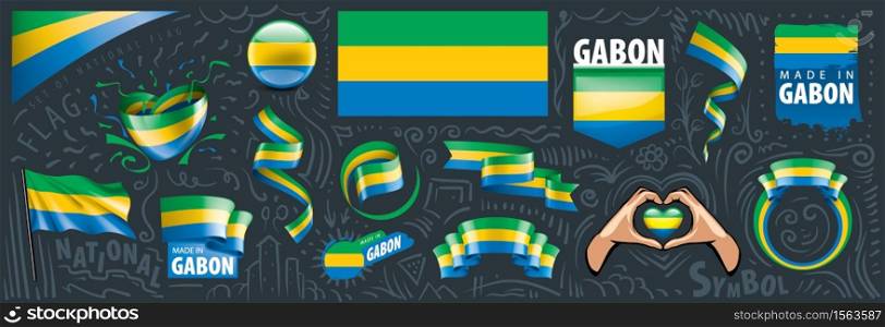 Vector set of the national flag of Gabon in various creative designs.. Vector set of the national flag of Gabon in various creative designs
