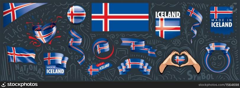 Vector set of the national flag of Iceland in various creative designs.. Vector set of the national flag of Iceland in various creative designs