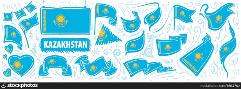 Vector set of the national flag of Kazakhstan in various creative designs.. Vector set of the national flag of Kazakhstan in various creative designs