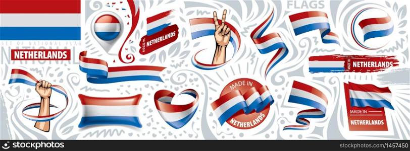 Vector set of the national flag of Netherlands in various creative designs.. Vector set of the national flag of Netherlands in various creative designs