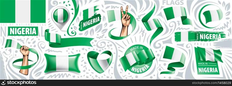 Vector set of the national flag of Nigeria in various creative designs.. Vector set of the national flag of Nigeria in various creative designs