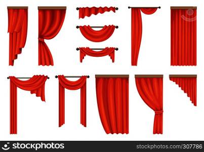 Vector set of theatre red curtains. Illustration of red curtain, theater velvet, textile decoration interior. Vector set of theatre red curtains