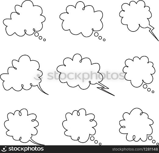 vector set of thought thin line bubbles isolated on white background. space for thinking or speech text. think or communication cloud symbol. people dialog bubble icon