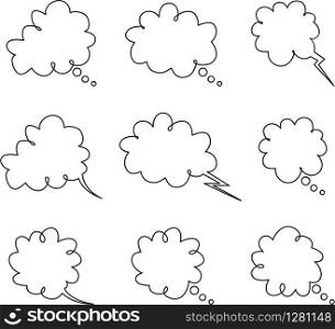 vector set of thought thin line bubbles isolated on white background. space for thinking or speech text. think or communication cloud symbol. people dialog bubble icon
